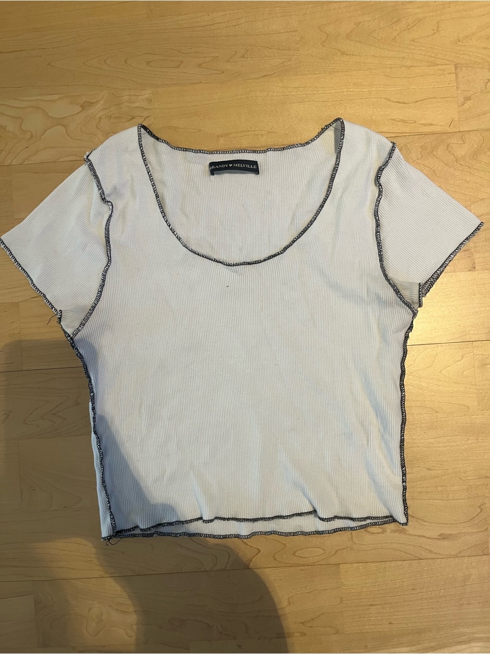 Brandy Melville White Ribbed Scoop Crop Top with Black Contrast Stitching